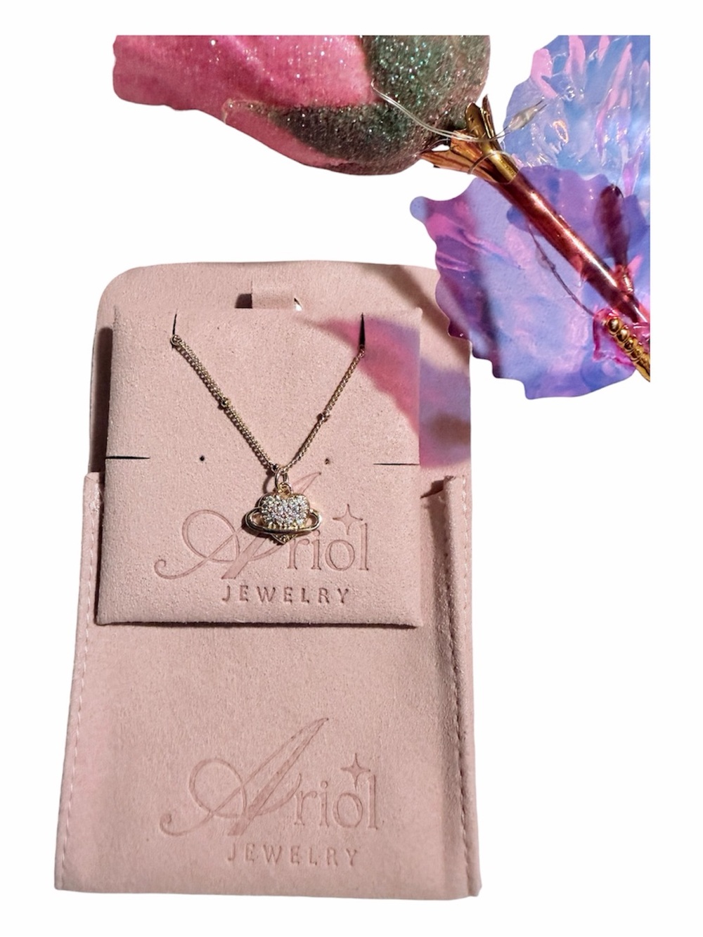 Ariol gold plated Pink Crystal Planet Pendant Necklace